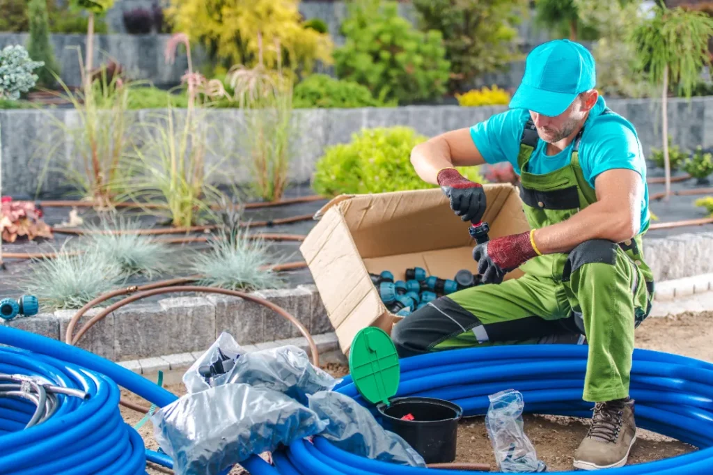 A man working and building a gardening system.
