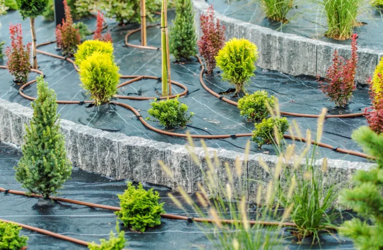 A newly built backyard irrigation system on the landscape garden.